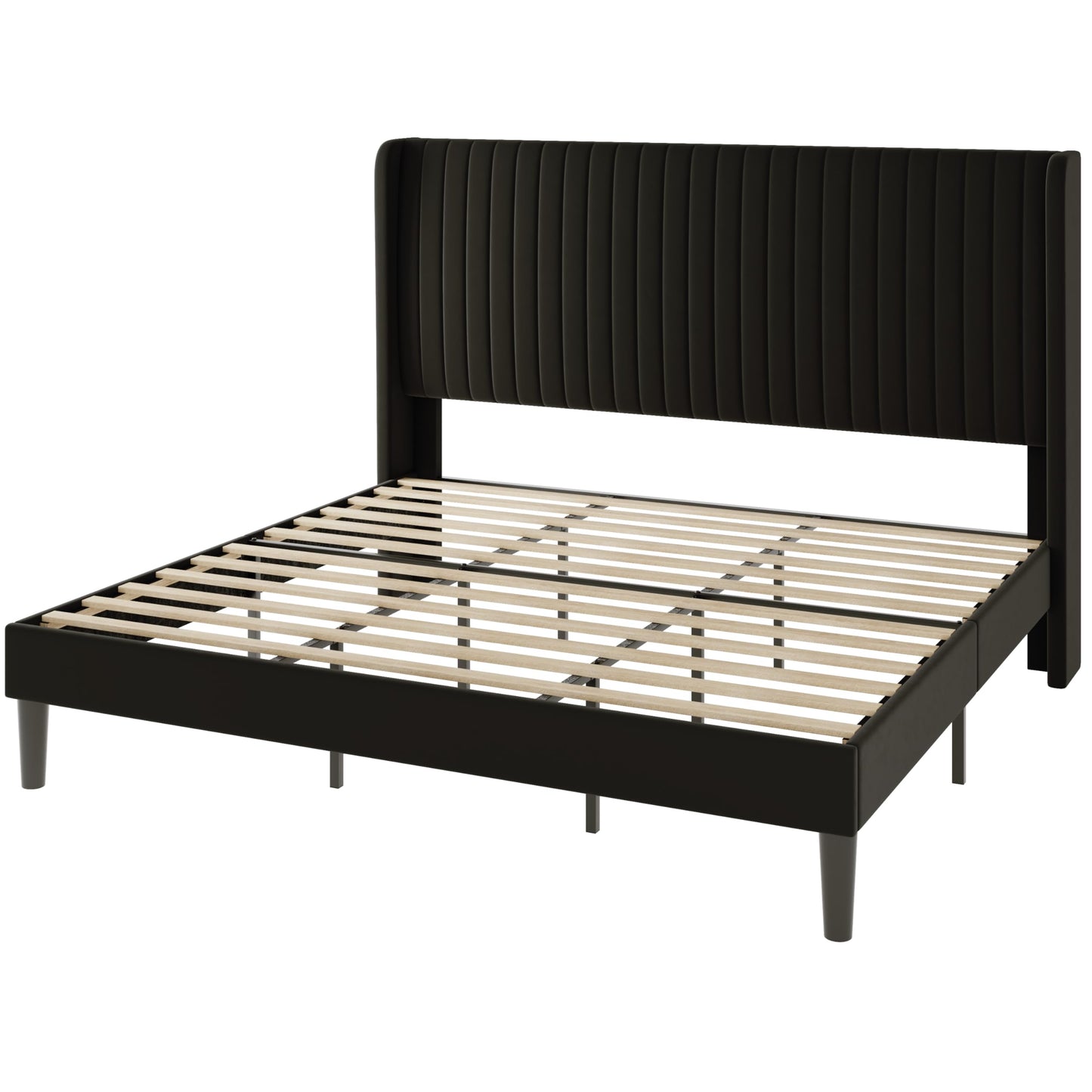 Allewie King Size Velvet Bed Frame/Vertical Channel Tufted Wingback Headboard/Upholstered Platform Bed/Strong Wooden Slats/No Box Spring Needed/Easy Assembly/Black