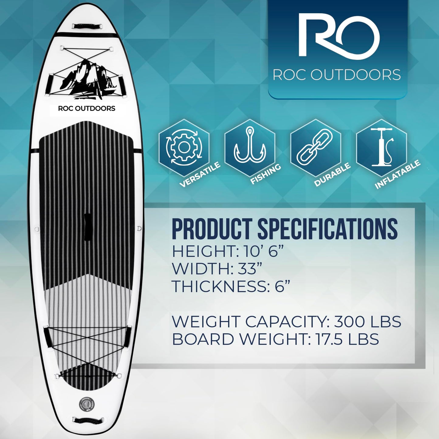 Roc Inflatable Stand Up Paddle Board 10' 6" with Premium SUP Paddle Board Accessories, Wide Stable Design, Non-Slip Comfort Deck for Youth & Adults (Black & White)