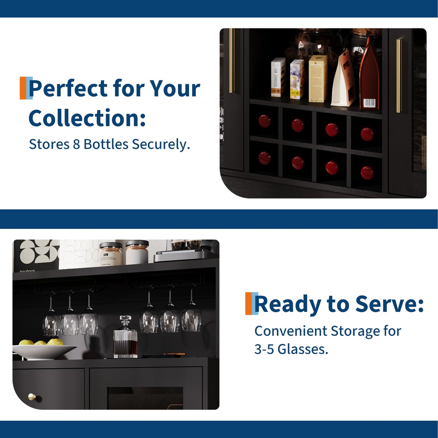 Rustic Modern Home Bar Cabinet with LED Lights & Glass Doors - Coffee & Wine Bar Station with Storage Shelves, Lockable Door, Spacious Countertop for Kitchen, Dining Room, Game Room Furniture