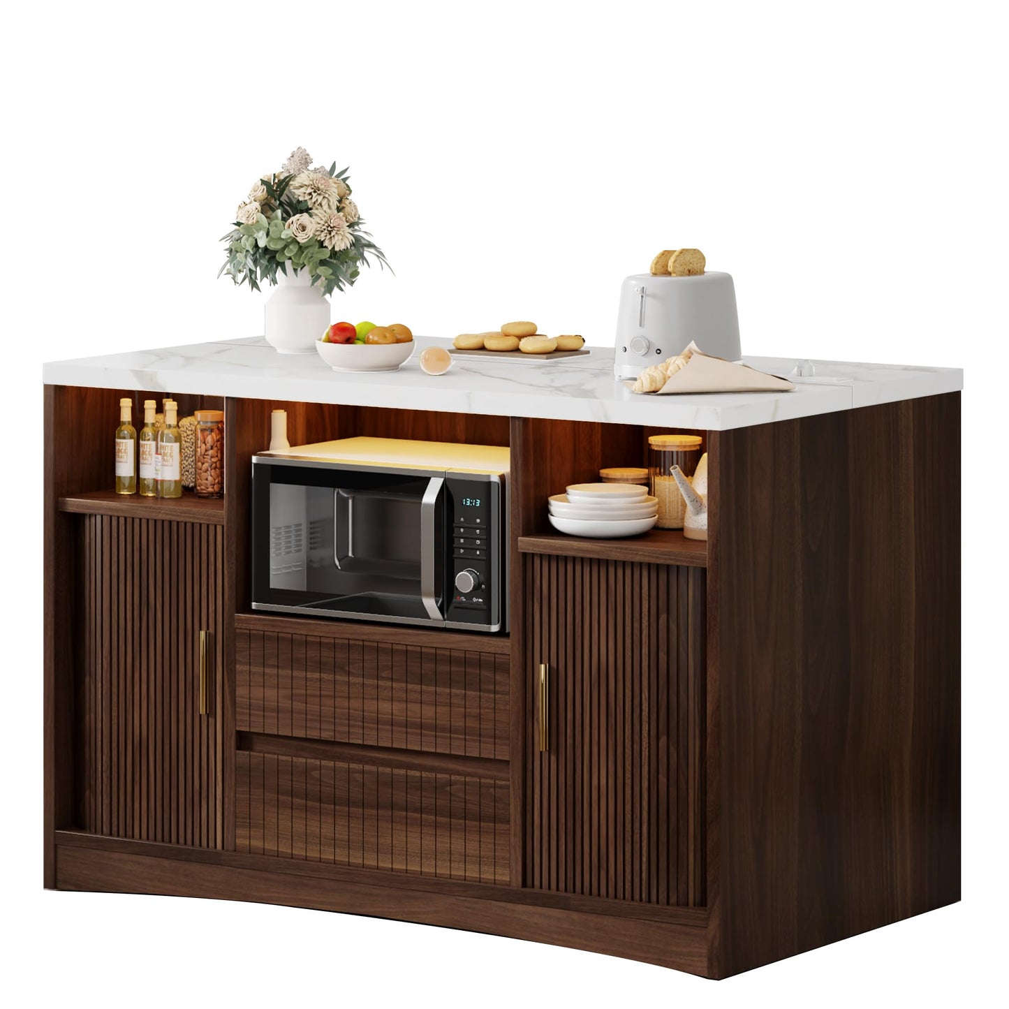 Homiflex Kitchen Island with Power Outlet and LED Lights, 47" Rolling Kitchen Island Table with Storage, Marble Top Mobile Kitchen Cart on Wheels with Microwave Space & Drawers & Sliding Doors, Walnut