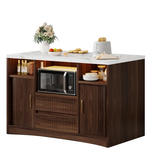 Homiflex Kitchen Island with Power Outlet and LED Lights, 47" Rolling Kitchen Island Table with Storage, Marble Top Mobile Kitchen Cart on Wheels with Microwave Space & Drawers & Sliding Doors, Walnut