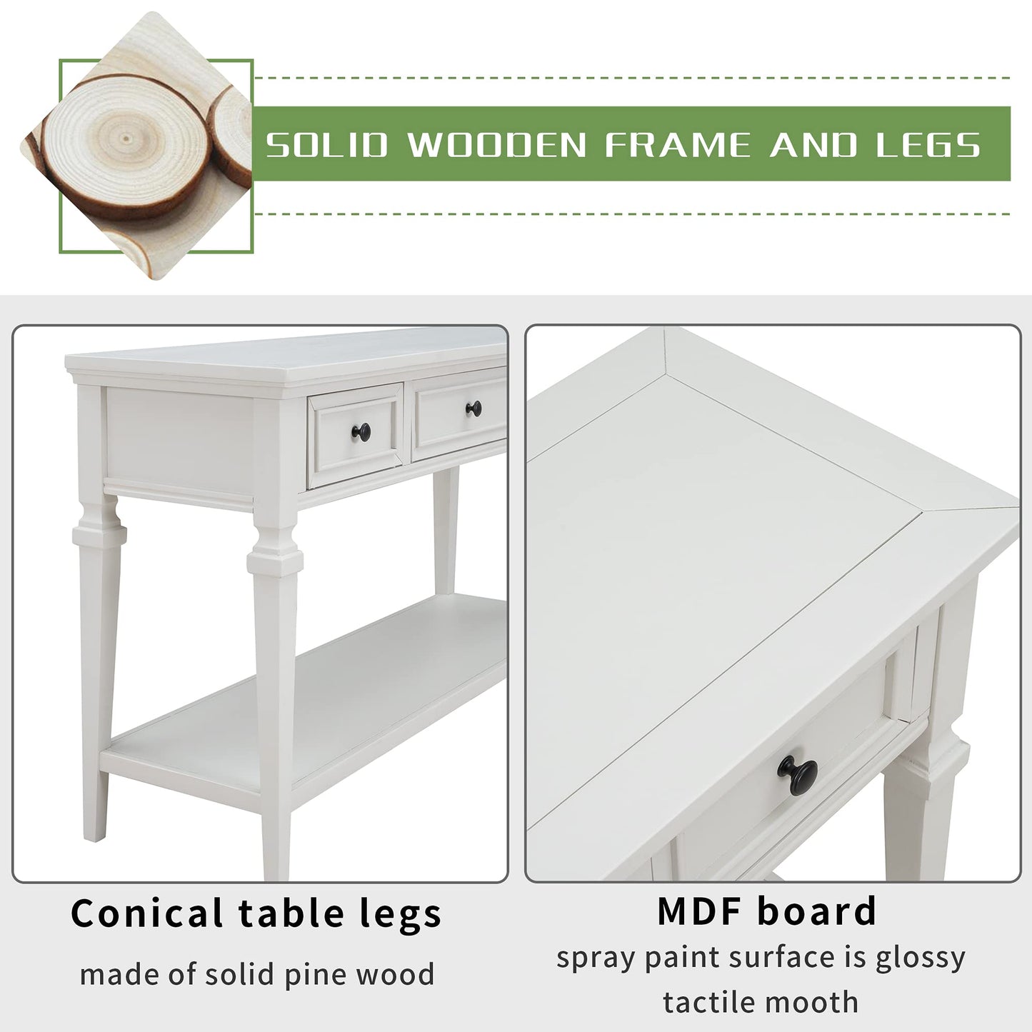 Merax Farmhouse Wood ConsoleTable for Hallways Narrow Foyer Sideboard with Drawers and Bottom Shelf for Entryway Antique White