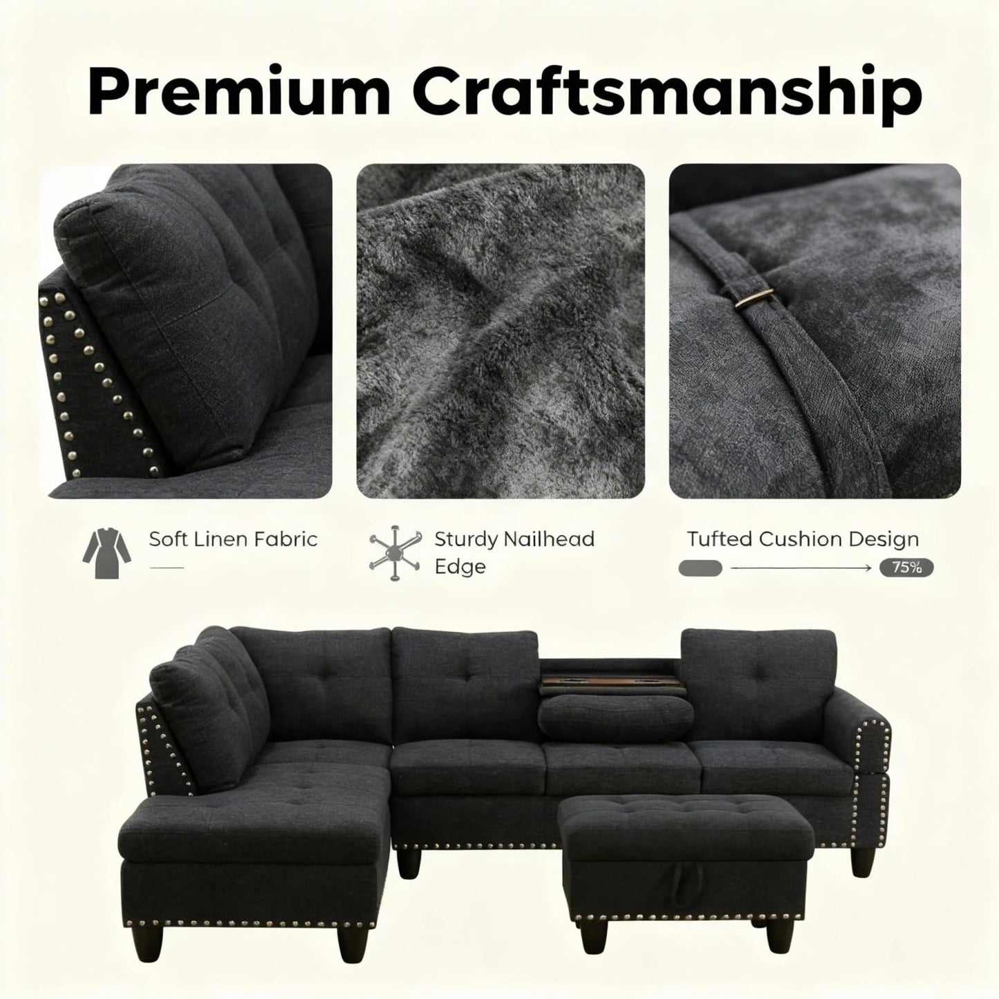 Trygoal 97.5 inch L-Shape Sofa with Storage Ottoman & Reversible Coffee Table, Linen Sectional Couch with Left Chaise, Modern 3-Piece Sofa Set, Upholstered Couch Set with Solid Wood Frame, Black Grey