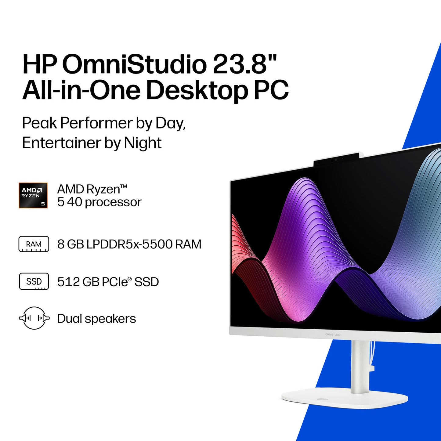 HP OmniStudio 23.8 inch All-in-One Desktop PC, FHD Display, AMD Ryzen 5 40, 8 GB RAM, 512 GB SSD, AMD Radeon Graphics, Windows 11 Home, Cotton White, 24-cv0002 (2026)