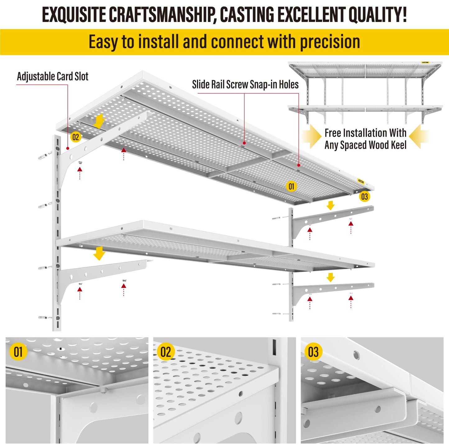Aecxm 2-Pack 2 Tier 1.3x4ft Garage Shelving Wall Mounted, 520lbs Load Capacity，15.6x48inch per Shelf Height Cassette Adjustable Floating Shelves (White)
