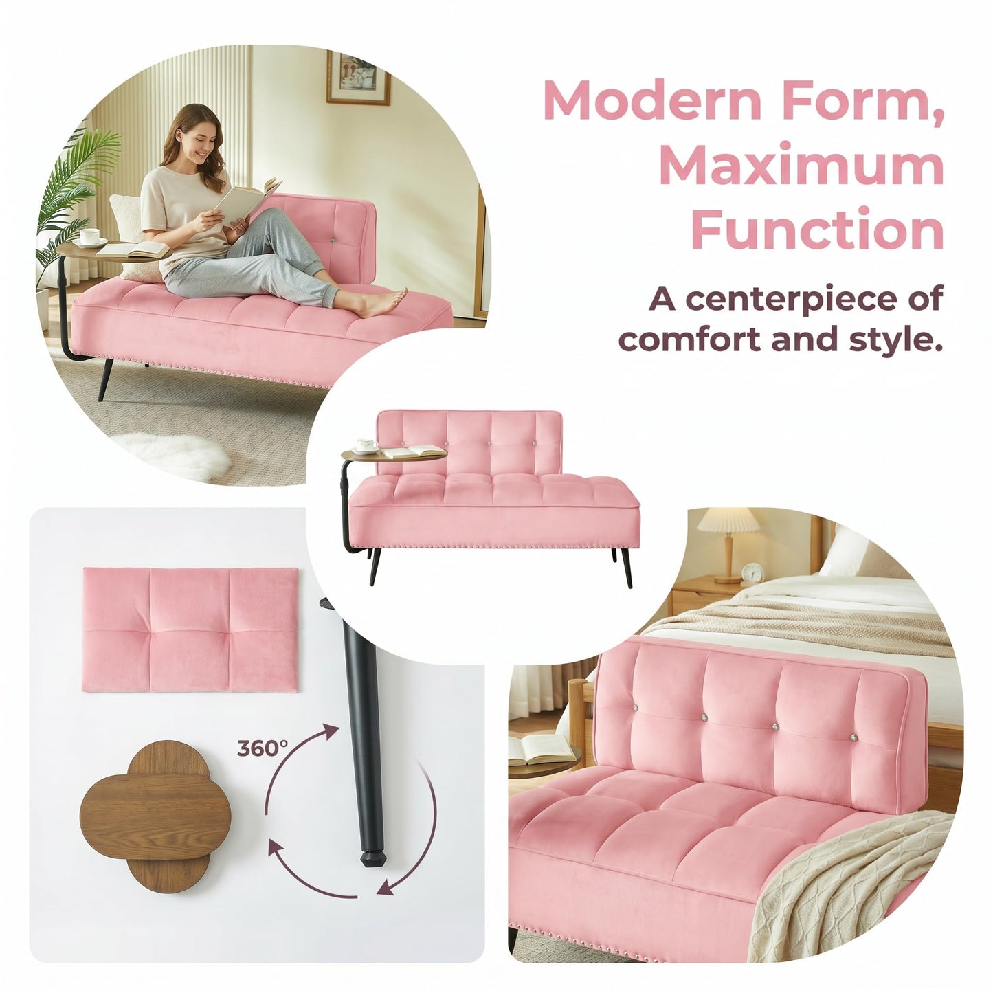 Trygoal Velvet Loveseat Sofa Couch, Futon Sofa Couch with 360° Swivel Side Table, Small Couches with Backrest and Foam Cushion for Small Spaces, Entryway Bench, Apartment, Bedroom, Pink