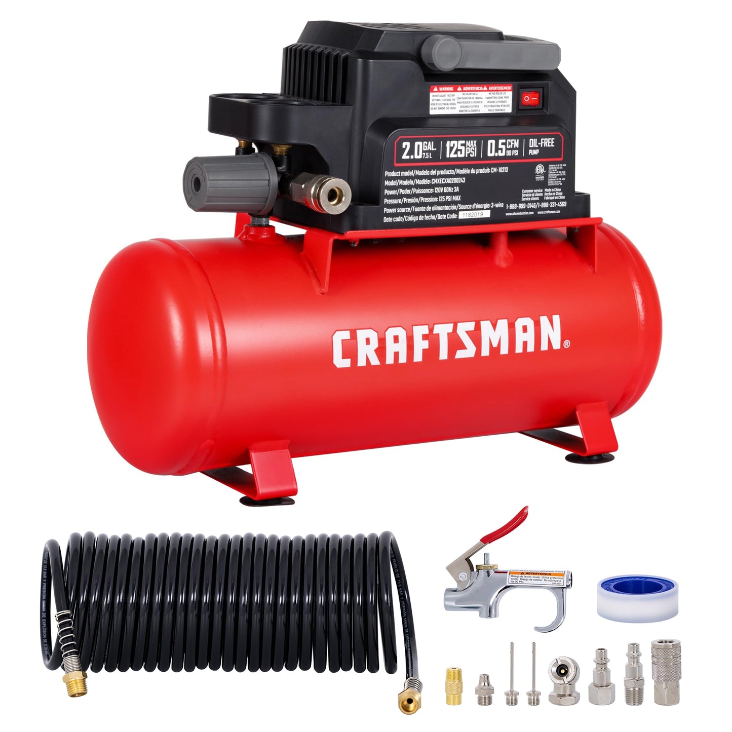 Craftsman 2 Gallon Portable Air Compressor, 1/3 HP 125 PSI Max Oil-Free Air Compressor with 11 Piece Accessory Kit, Compact Hot Dog Tank for Home DIY, Tire Inflation, Nailing, CMXECXA0200243A
