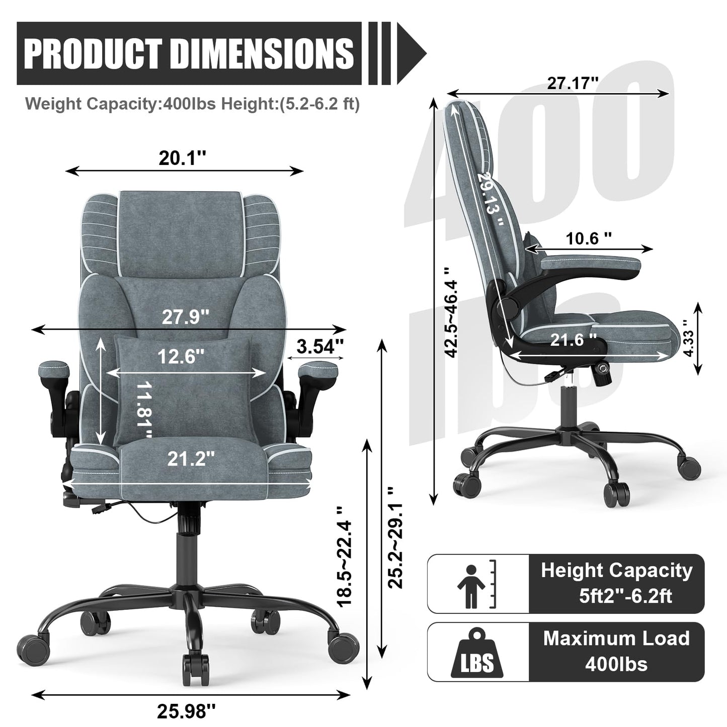 Big and Tall Office Chair with Adjustable Lumbar Support,Breathable Fabric High Back Desk Computer Chair with Adjustable Flip-up Armrests,Ergonomic Swivel PC Chair with Rocking Function
