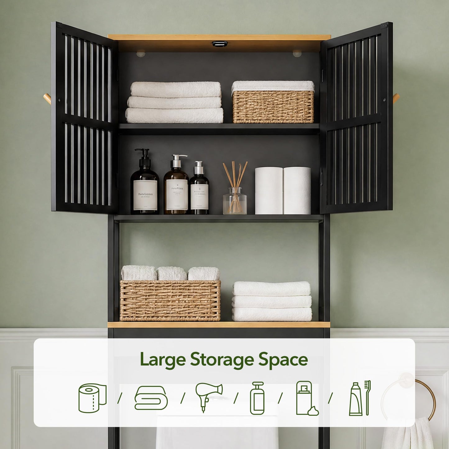 Over The Toilet Storage Cabinet with Breathable Bamboo Doors, 3-Tier Bathroom Organizer Above Toilet, Freestanding Space Saver Rack with Adjustable Bottom Bar & Shelf, 24" x 70", Black & Natural