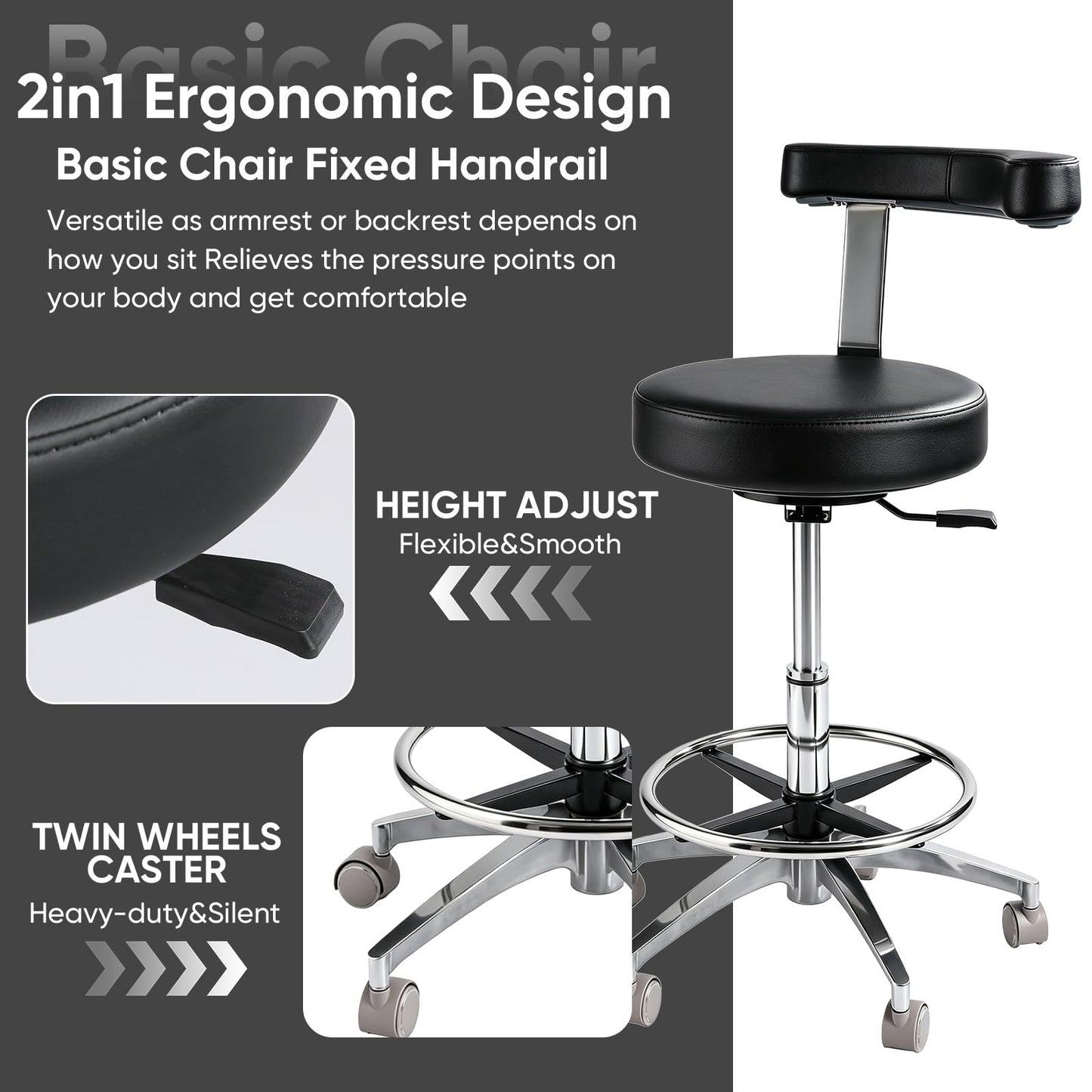 Rolling Stool with Back Support | Heavy Duty Stool 400lbs,2-in-1 Armrest Backrest Adjustable Height Swivel Chair,PU Leather Ergonomic for Dentist Hygienist Tattoo Artist Salon Lab Home Office-black