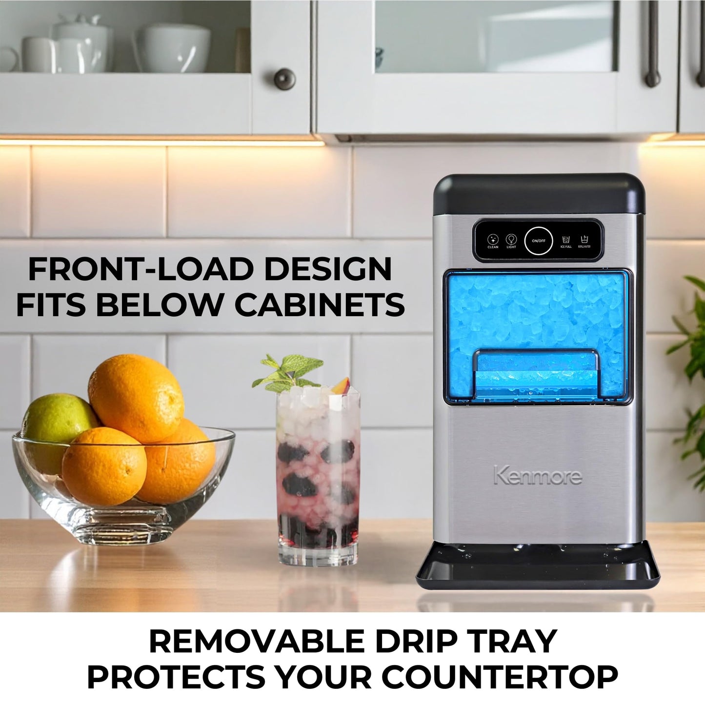 Kenmore Countertop Ice Maker Nugget Machine – Portable Self-Cleaning Máquina de Hacer Hielo para Casa, Crunchy Chewable Pebble Ice, 40lb/24hr Capacity, Stainless Steel