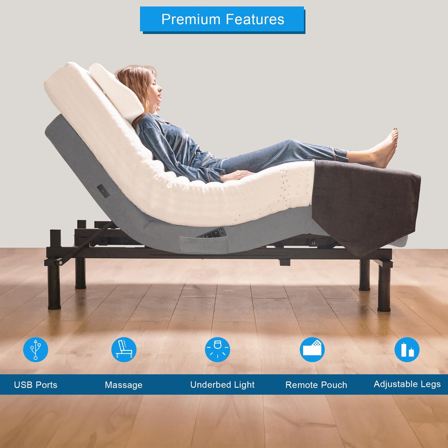 Irvine Home Collection Full Adjustable Bed Base | Full Body Massage | USB Ports | Zero Gravity | Anti-Snore | Memory Positions | Under Bed Lighting | Wireless Remote | Zero Clearance