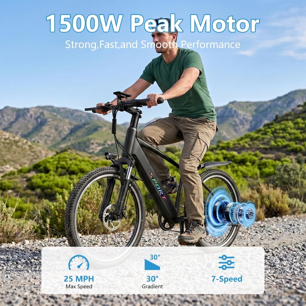 Electric Bike for Adults, 1500W Peak Ebike with 48V 12Ah Removable Battery, 26 inch Electric Bicycles for Commute, City Cruiser E-Bike for Adult, Step-Thru,7-Speed, Up to 25MPH 65 Miles