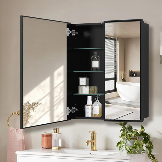 FOMAYKO 36" x 32" Medicine Cabinet with Mirror, Black Aluminum Framed Bathroom Mirror Cabinet, Surface/Recessed Mount Double Door Vanity Mirror with Storage for Bathroom Wall Decor