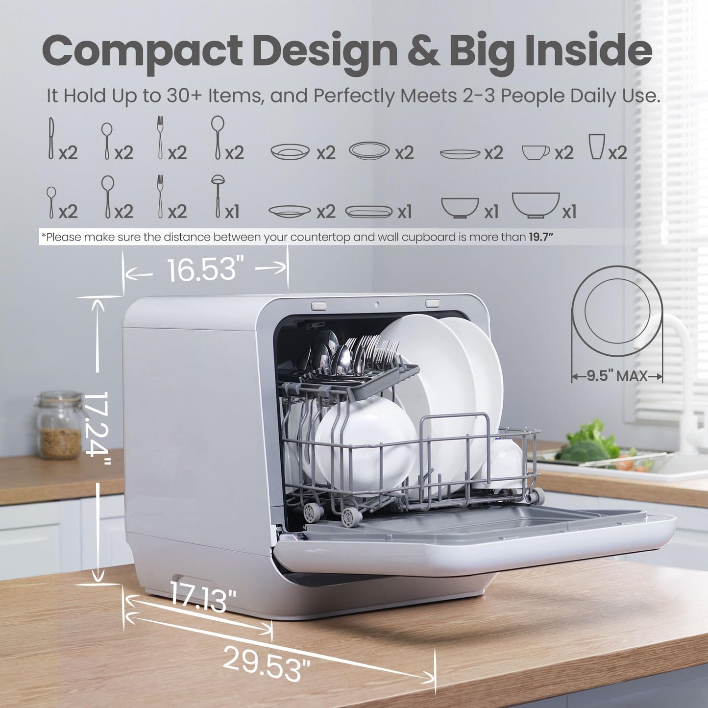 COMFEE' Portable Dishwasher Countertop with 5L Built-in Water Tank, No Hookup Needed, 6 Programs, 360° Dual Spray, 192℉ High-Temp& Air-Dry Function, Mini Dishwasher for RVs, White
