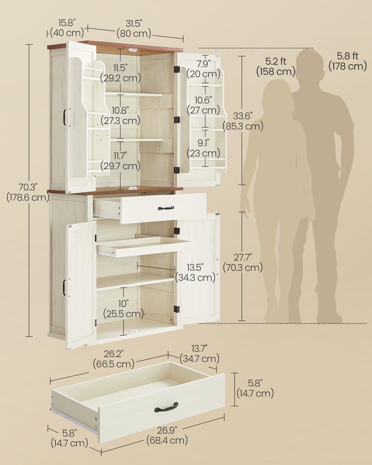 VASAGLE LIRY Collection - Pantry Cabinet, 70.3-Inch Tall Farmhouse Kitchen Storage Cabinet with Barn Doors, Drawer, Tray, Adjustable Shelves, for Kitchen, Dining Room, Rustic White UBBK364WJ01S
