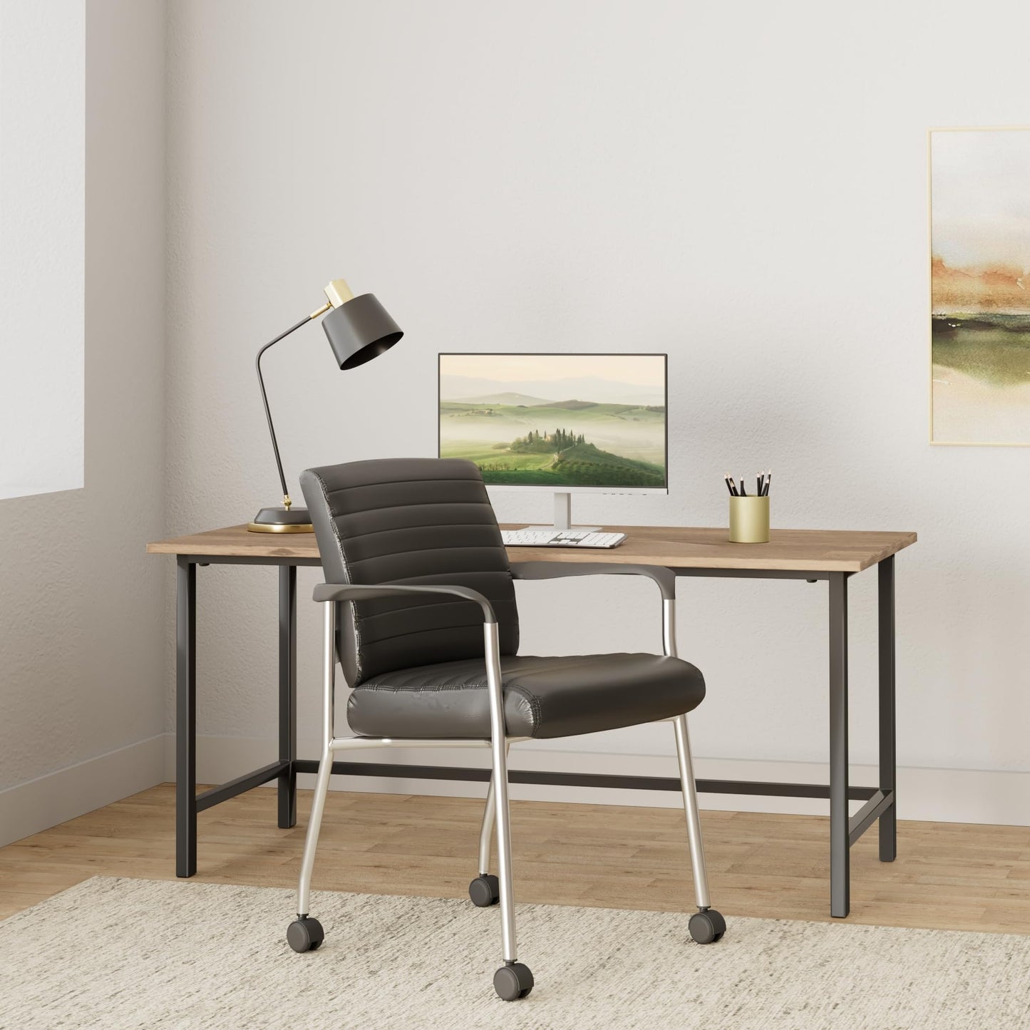 Office Star FL Series Faux Leather Padded Guest Chair with Built-in Lumbar Support and Casters, Black with Chrome Frame