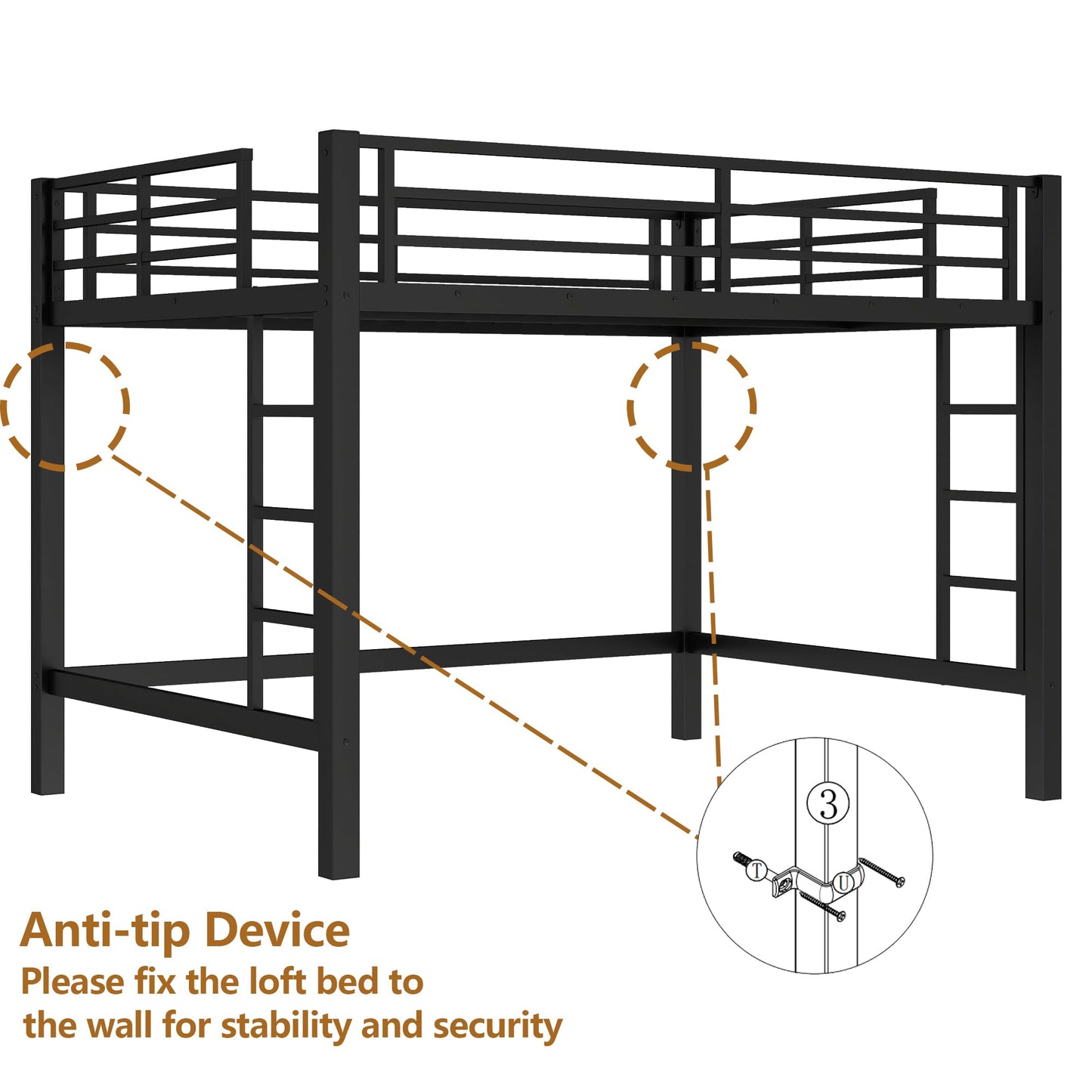 Bellemave Heavy Duty Loft Bed Frame with 2 Build in Ladder and Full Length Guardrail, Easy Assemble Loft Bed Queen Size, Noise Free Design, No Box Spring Needed, Black