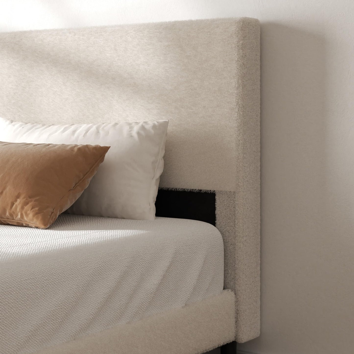 viplov Queen Bed Frame,Teddy Velvet Modern Platform Bed Frame with Upholstered Headboard, Mattress Foundation, No Box Spring Required, Beige
