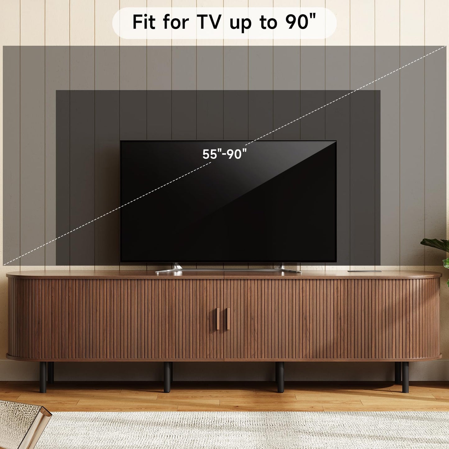 ONBRILL 86.6" TV Stand with Power Outlet for TVs up to 90 Inch, Entertainment Center with Storage and Adjustable Shelves, Modern Media Console with Sliding Doors for Living Room, Walnut