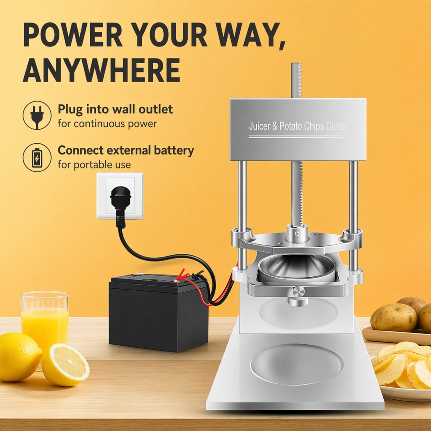 Juicer & Potato Chips Cutter, Electric Fry Cutter and Juice Extractor Machine, 7/9/13mm Blades, 304 Stainless Steel, Dual Power Supply Mode, for Potato, Carrot Strips, Orange Lemon