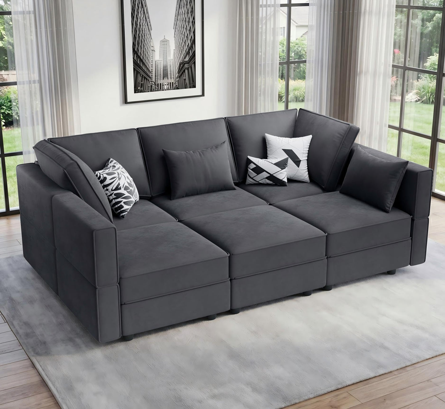 Vesgantti Sectional Sleeper Sofas with Storage, 92" Sofa Bed with 6 Seats Storage Chaises Removable Cover, Deep Seat Modular Couches Velvet Couch Set for Living Room, Apartment, Home Theater, Gray