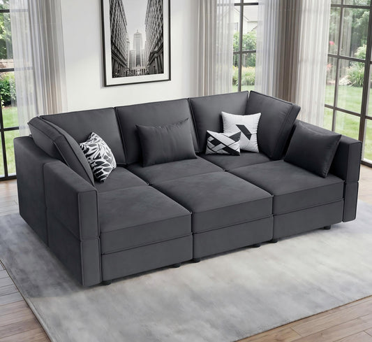 Vesgantti Sectional Sleeper Sofas with Storage, 92" Sofa Bed with 6 Seats Storage Chaises Removable Cover, Deep Seat Modular Couches Velvet Couch Set for Living Room, Apartment, Home Theater, Gray