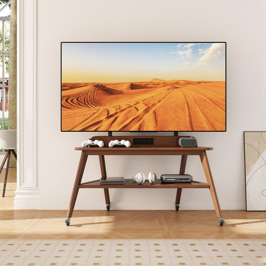 Solid Wood Rolling TV Stand with Power Outlet,Corner Entertainment Center for 40-85 Inch,TV Cart with Storage Shelves,Television Stands with Adjustable Height,Mobile TV Stand for Bedroom,Living Room