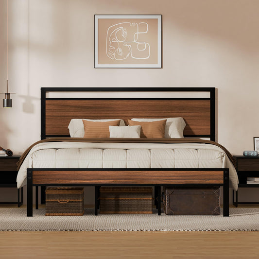 Z-hom King Metal Bed Frame with Wooden Headboard and Footboard, Heavy Duty Platform Frame with Metal Slats, No Box Spring Needed, Quiet and Non-Slip Design, Space Saving Bed Frame for Bedroom,Walnut