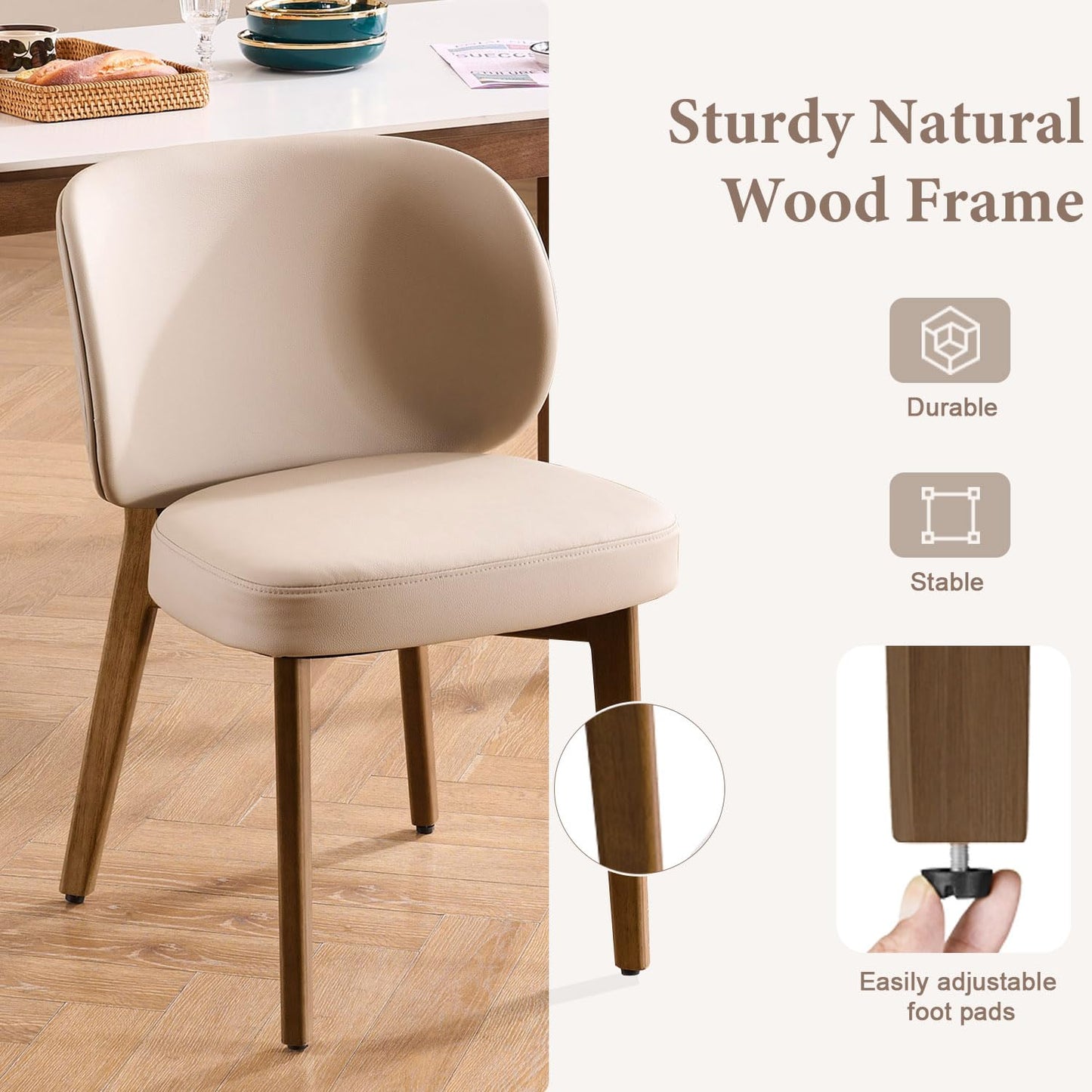 YOUNUOKE Upholstered Dining Chair, Modern PU Leather Dining Room Chair with Wood Legs, Widen Backrest Comfy Armless Side Kitchen Chairs, Khaki (Single Pack)