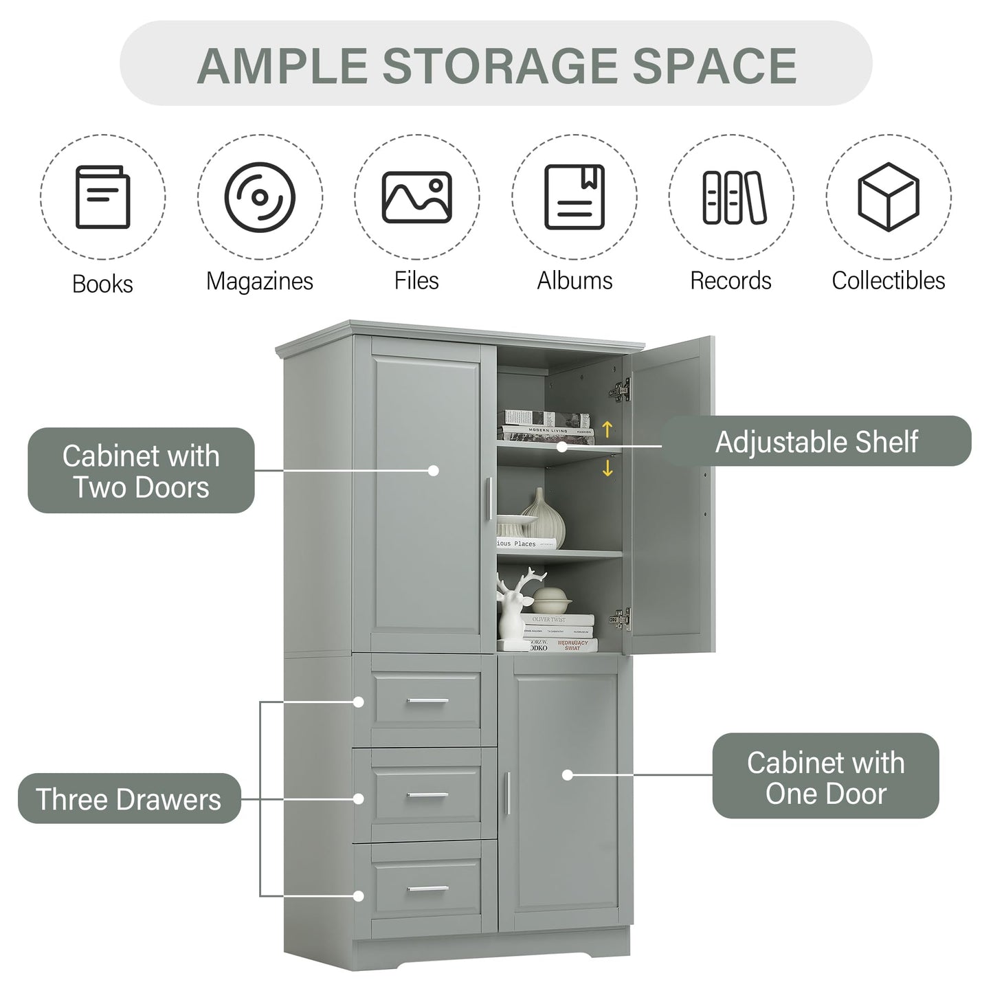Storage Cabinet with Three Drawers and Doors, Wide Pantry Cupboard for Kitchen, Living Room and Bathroom, Adjustable Shelf, Grey