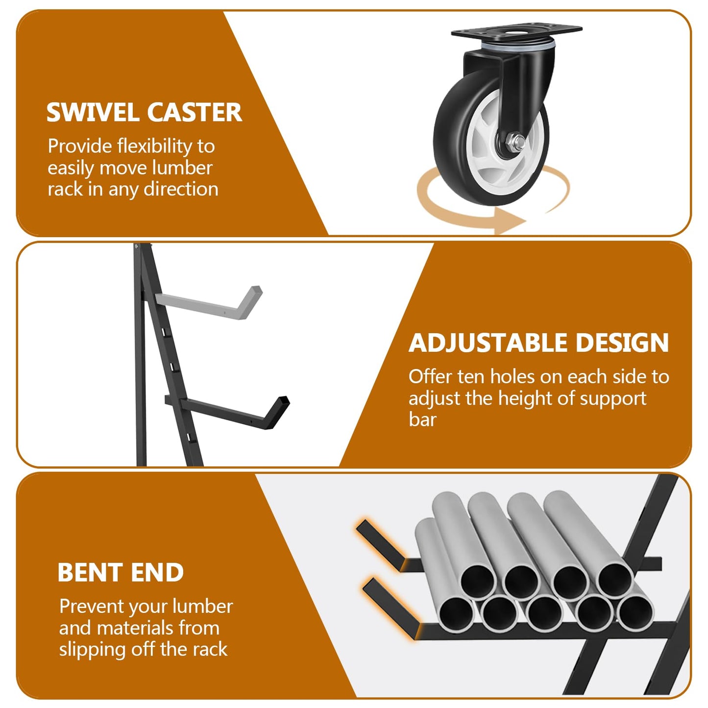 4 Tier Pipe And Lumber Storage Rack - Heavy Duty Pipe Rack With 4IN Swivel Casters And Adjustable Support Bar Weight Capacity Up To 1200LBS, Plywood Storage Shelf For Garage, Workshop And Warehouse