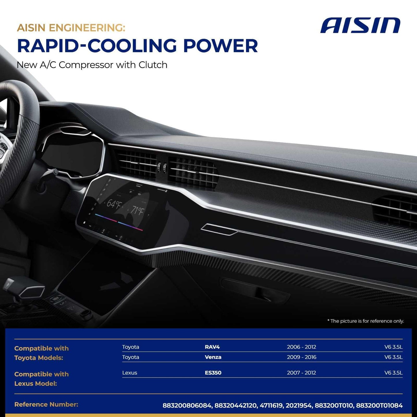 AISIN AFTERMARKET ACCT-00952 Air Conditioner AC Compressor - Compatible with Toyota RAV4 2006-2012 3.5L, Venza 2009-2016 3.5L, Lexus ES350 2007-2012 3.5L - with 7-Pulley Groove, with Clutch