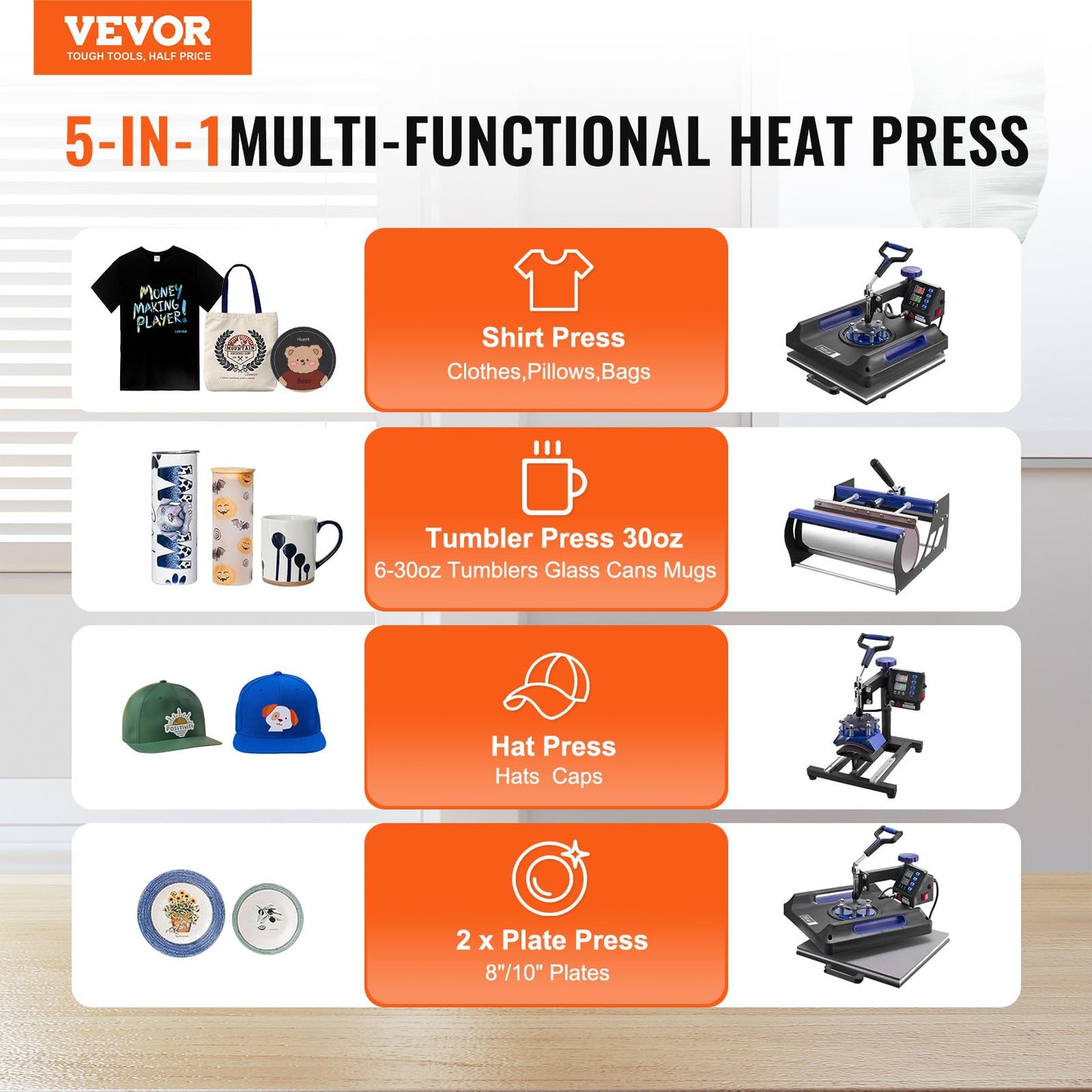 VEVOR 5 in 1 Heat Press Machine, Heat Transfer Machine with 30 oz Tumbler Press, 15 x 15 inch, 360° Swing Away T-Shirt Pressing, Fast Even Heating, for T-Shirts/Mugs/Plates/Hats, Black+Blue