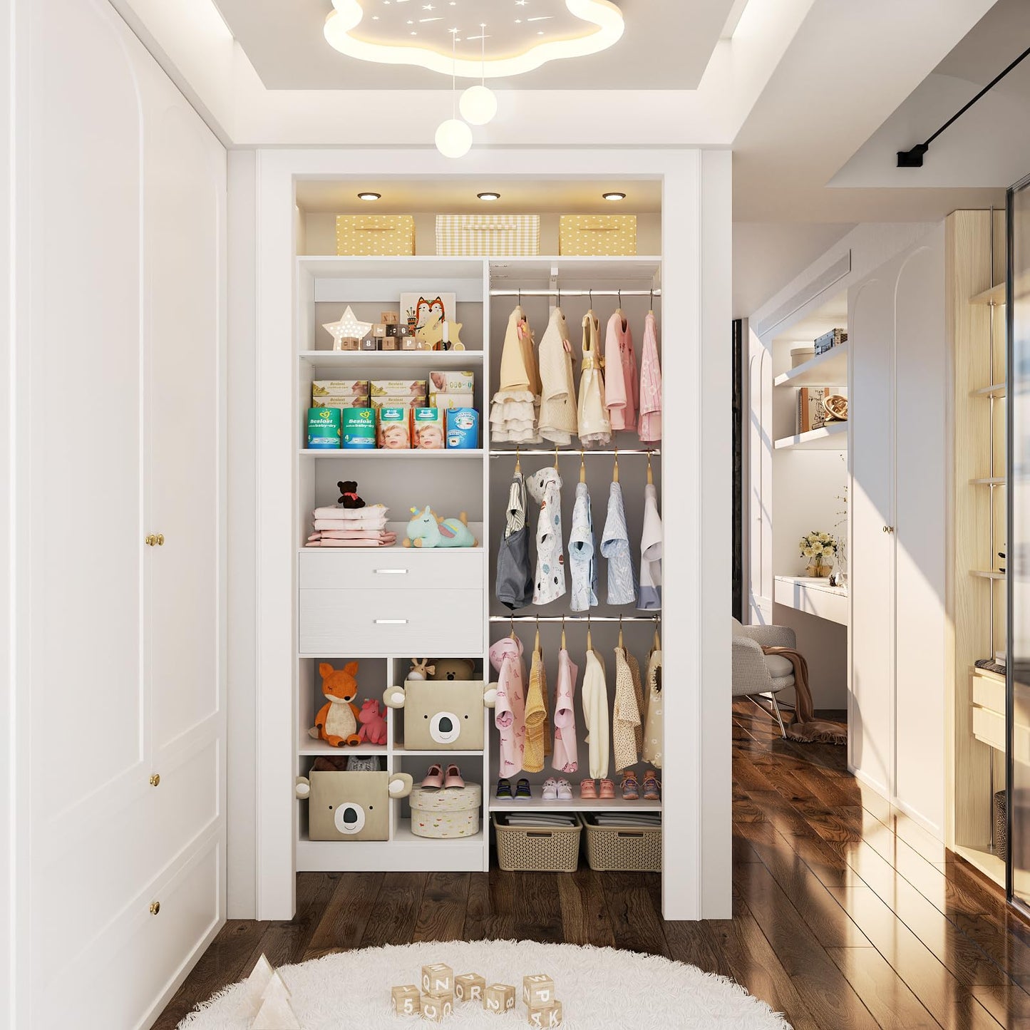 5FT Closet Organizer System with Wooden Drawers, 60 Inches Walk In Closet System With 5 Hanging Rods, Can Fit 1.58 to 6.8 FT with Reversible Hanging Shelving, White