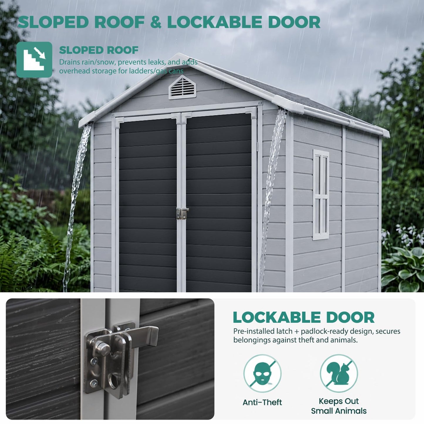 SENYUN 8x6 FT Resin Storage Shed with Floor Included, Garden Outdoor Shed with Lockable Doors and Window, Double-Wall Polypropylene Plastic Shed for Backyard, Patio, Lawn, Bike, Tools, Grey