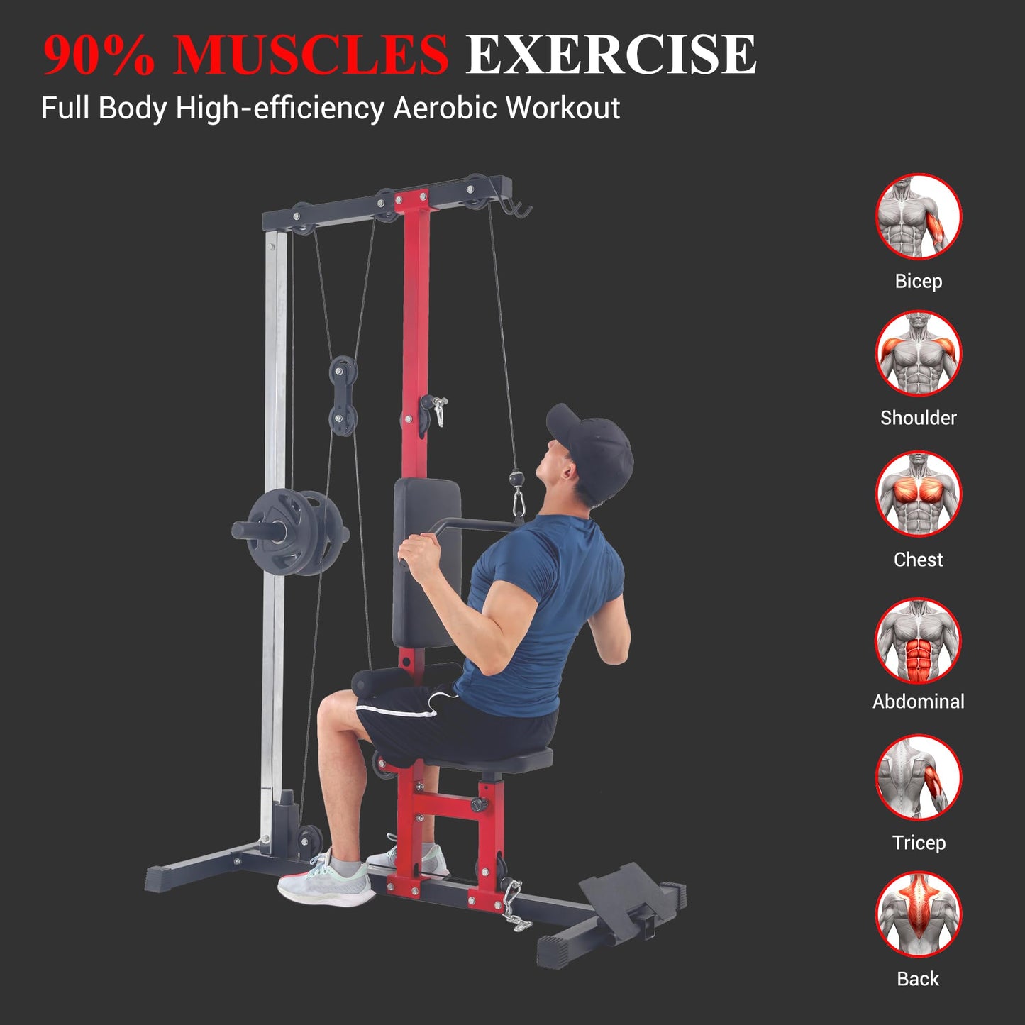 CABIHOME LAT Power Cable Machine - Adjustable Leg Support LAT Pull Down Machine with High & Low Pulley for Home Gym Back Strength Training，Black & Red