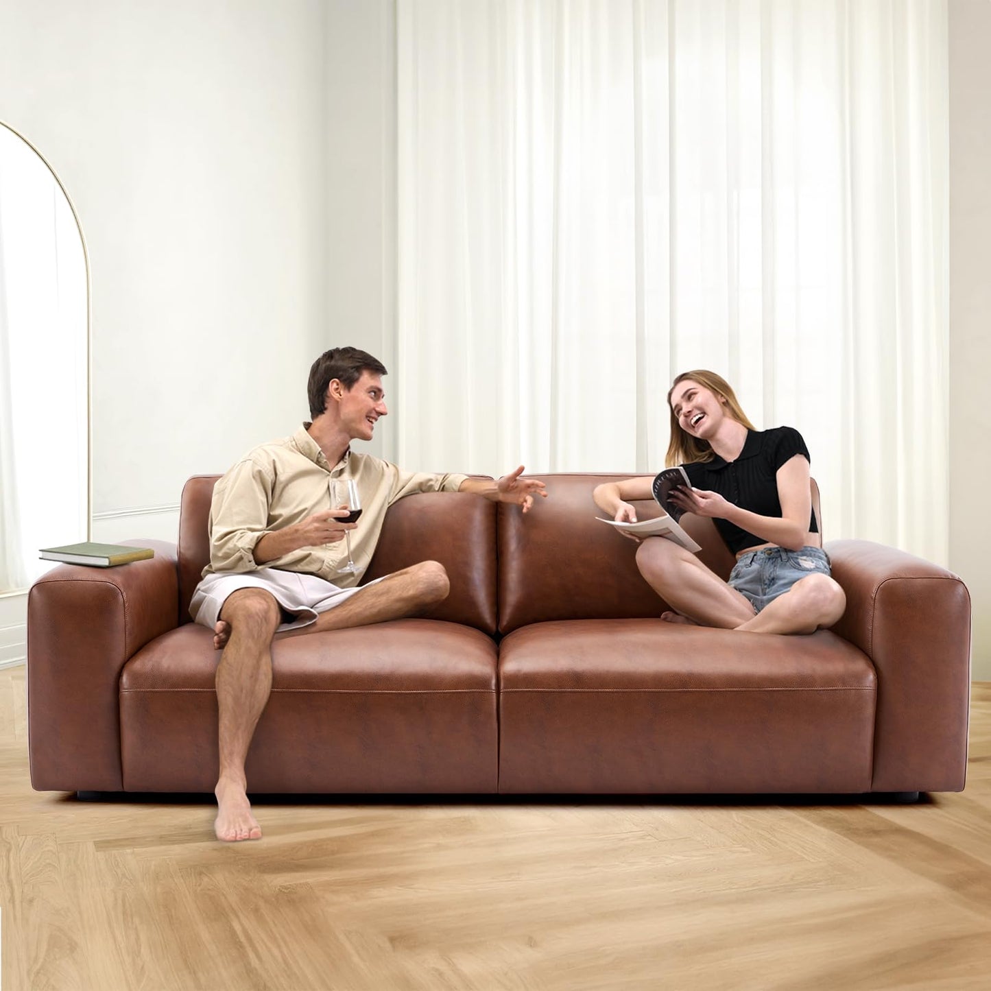 COLAMY PU Leather Sofa Couch, 95" Oversized Sofa Loveseat for Living Room, Comfy Love Seat Couch with Extra Deep Seats, Wide Arm, Down Filled 3-Seater Modern Sofa for Apartment/Lounge/Bedroom-Auburn