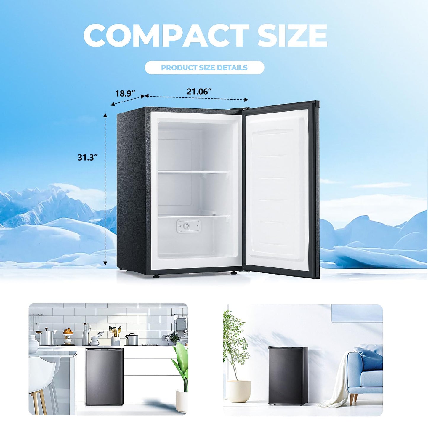 Electactic 3.0 Cu.ft Small Freezer, Mini Upright Freezer with Adjustable Thermostat, Removable Shelves, Reversible Single Door, for Bedroom/Home/Dorms/Apartment, Sanded Black