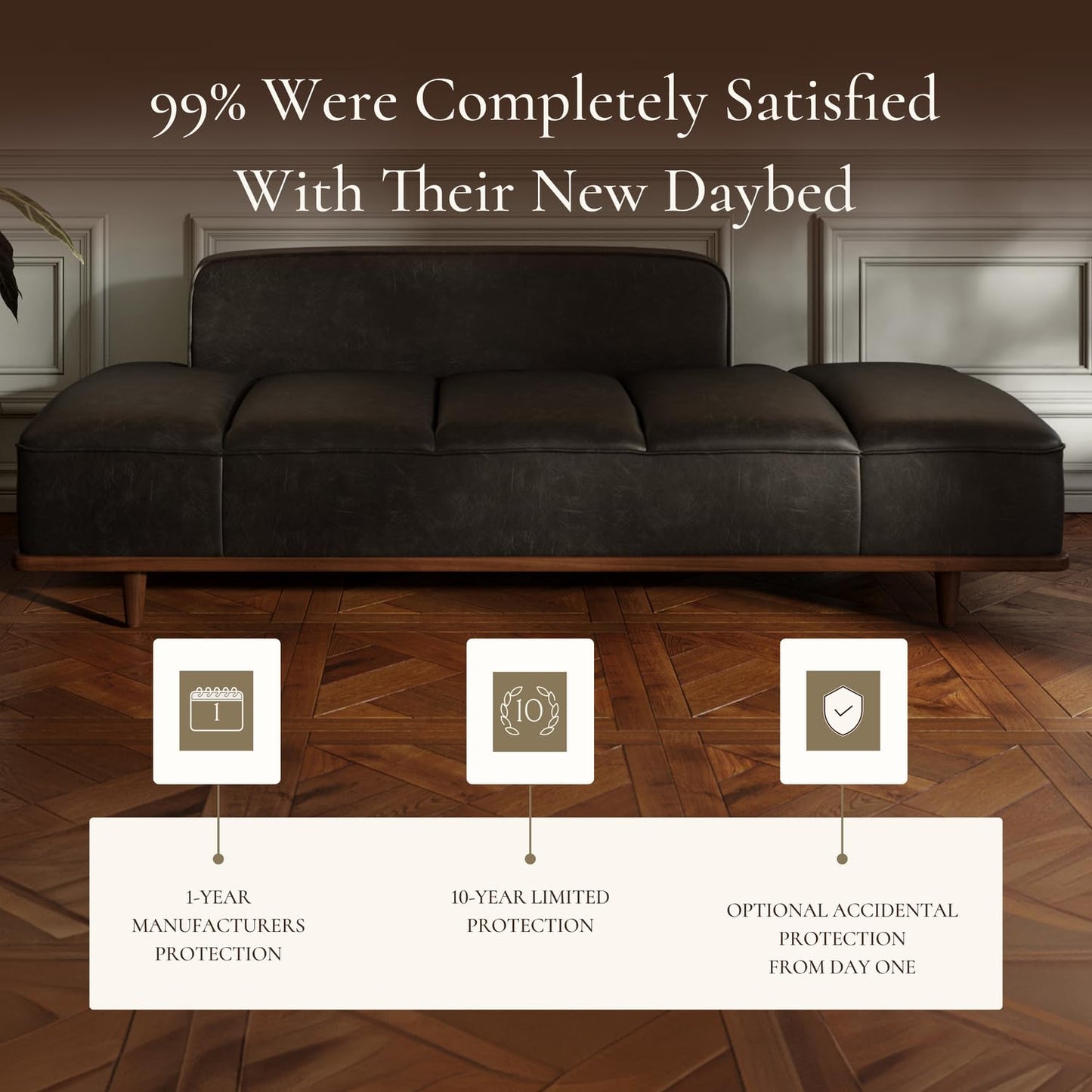 Poly & Bark Jasper Daybed – Onyx Black - Full-Grain Semi-Aniline Leather Upholstery – Walnut-Stained Ash Wood Frame, 6.6 Feet – Modern Daybed for Living Room or Guest Space– Minimal Assembly