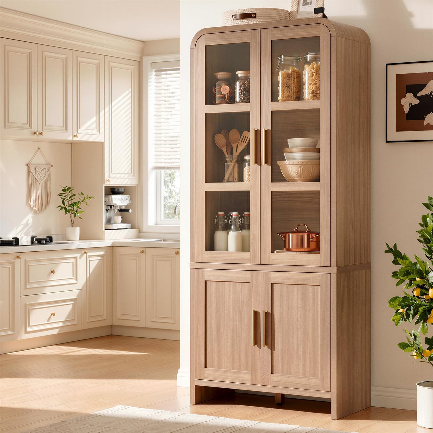 EliteSet 77" Tall Kitchen Pantry Cabinets, Wooden Curved Storage Cabinets with Adjustable Shelf, 1.18'' Panel Freestanding Cupboard for Dining Room, Living Room, Bathroom, Oak, 1Pcs