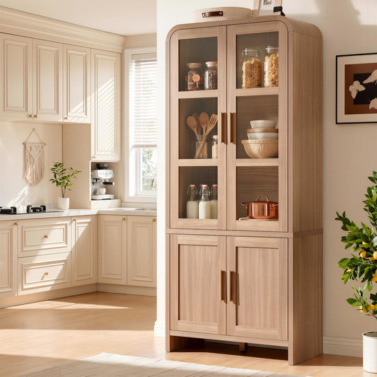 EliteSet 77" Tall Kitchen Pantry Cabinets, Wooden Curved Storage Cabinets with Adjustable Shelf, 1.18'' Panel Freestanding Cupboard for Dining Room, Living Room, Bathroom, Oak, 1Pcs