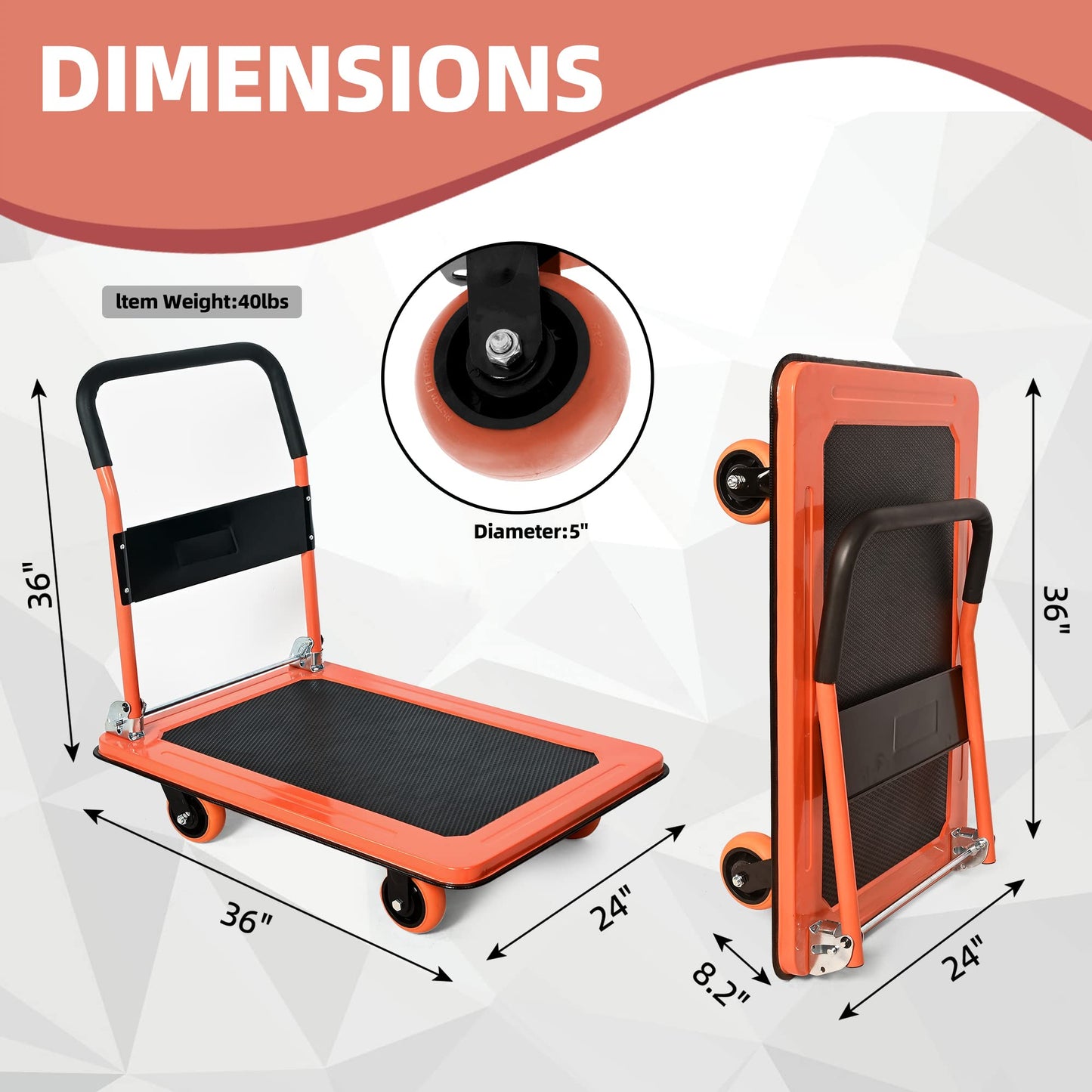 Platform Truck Heavy Duty Cart,1100Lbs Hand Truck Push Cart Dolly with 5'' 360 Degree Swivel Wheels for Loading and Storage 36x24Inch
