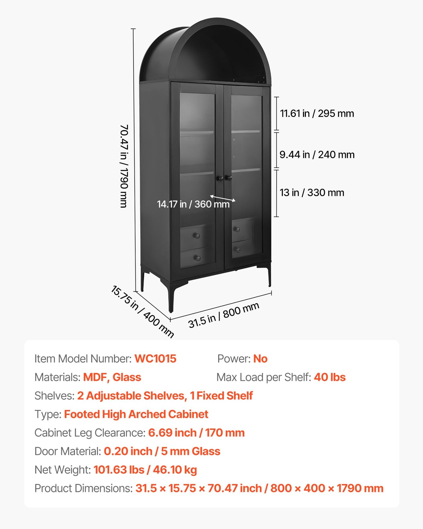 VEVOR Arched Kitchen Pantry Cabinet with Glass Doors, 70in Tall Curio Cabinet, 4-Tier Display Case with 2 Adjustable Shelves, Bookcase Bookshelf for Collectibles Storage Living Room Office