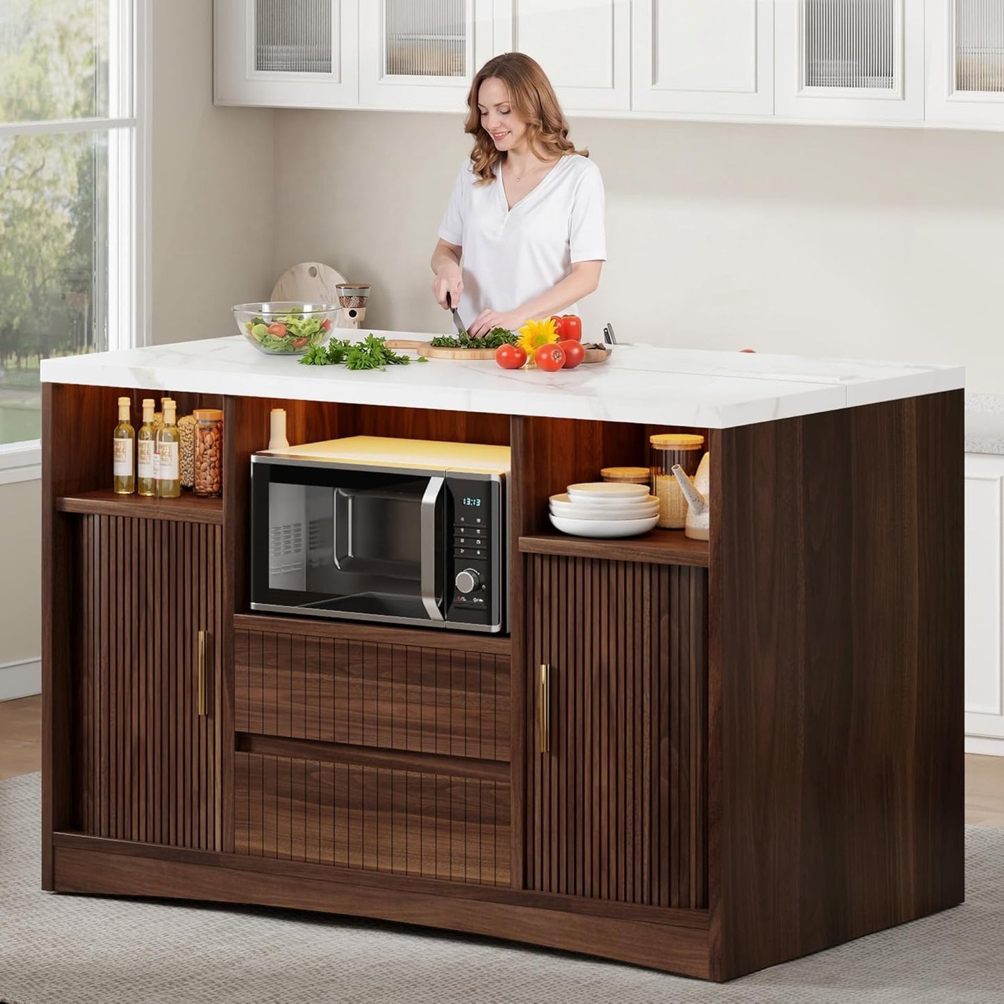 Homiflex Kitchen Island with Power Outlet and LED Lights, 47" Rolling Kitchen Island Table with Storage, Marble Top Mobile Kitchen Cart on Wheels with Microwave Space & Drawers & Sliding Doors, Walnut