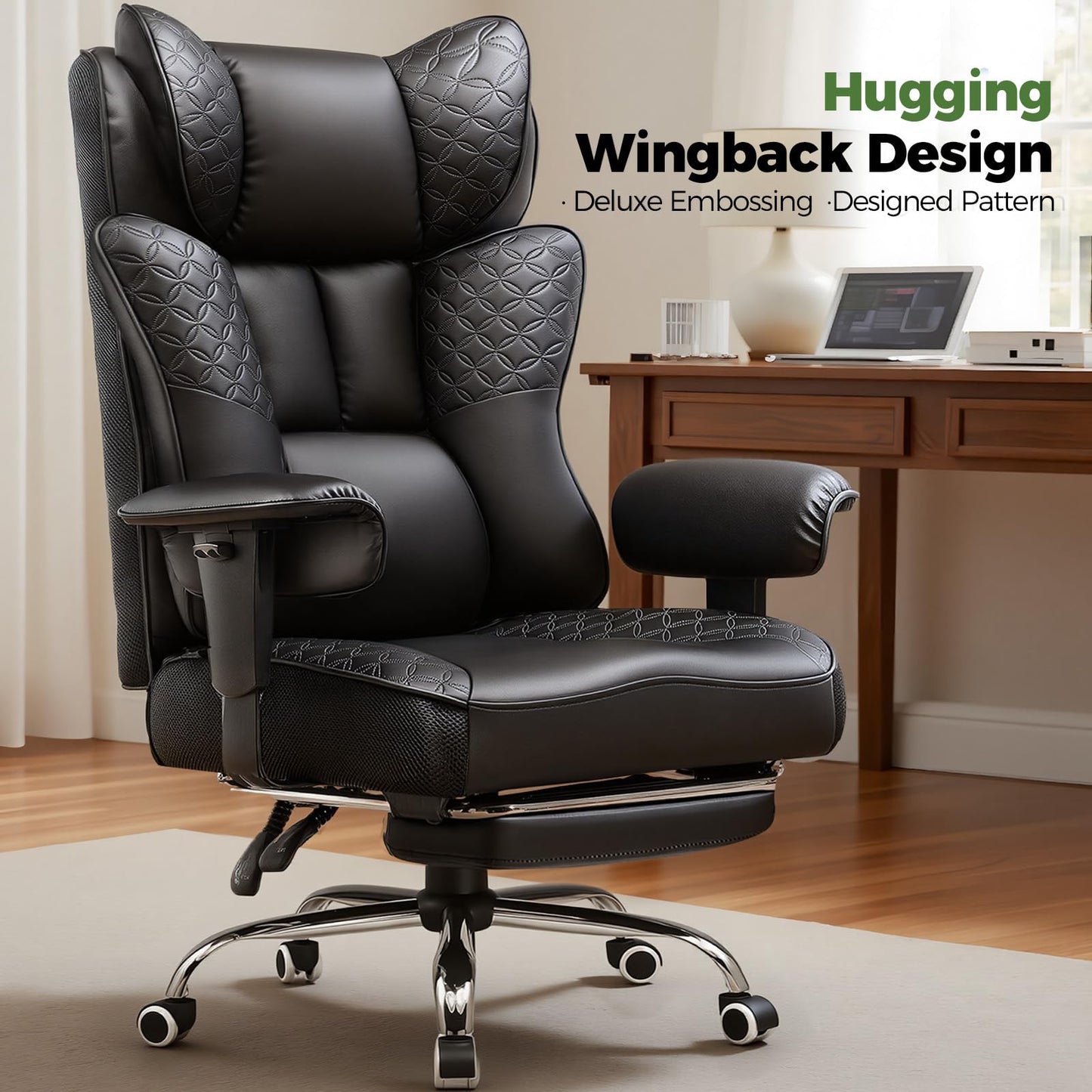 GTPLAYER Big and Tall Office Chair Wide Ergonomic Gaming Chair with Deluxe Embossing Designed Leather with Foot Rest,150°Reclining Adjustable Soft Armrests Pocket Spring Back Support and Pillow