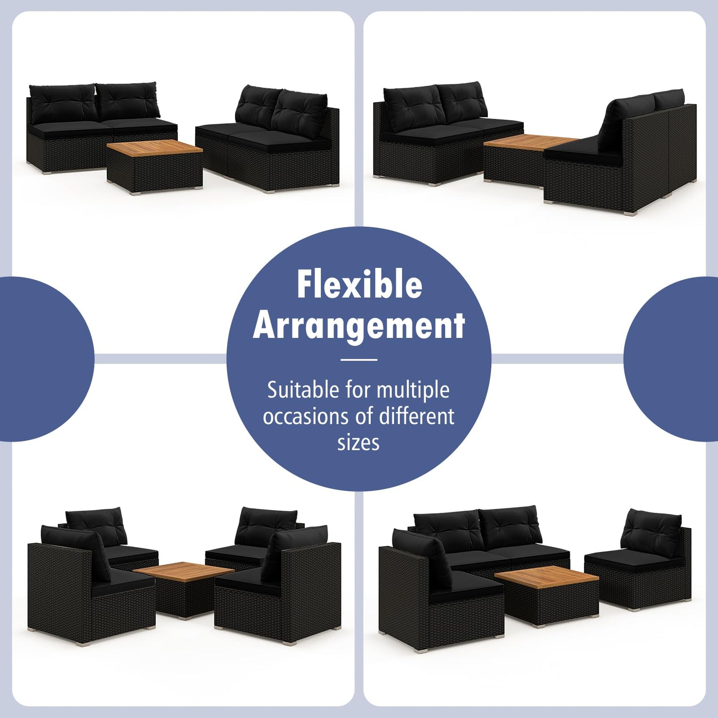 Tangkula 5 Pieces Wicker Patio Furniture Set, Outdoor 4 Armless Rattan Sofa & Coffee Table Set, with Cushions, Acacia Wood Tabletop, Sectional Patio Conversation Set for Lawn, Yard, Poolside, Black
