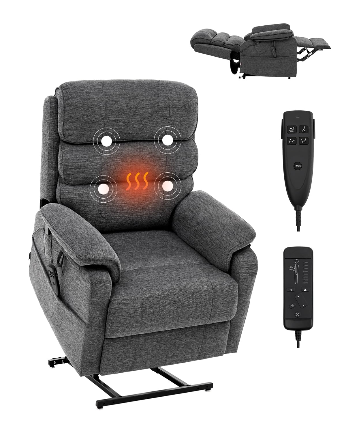 VEVOR Power Lift Recliner Chair, Dual Motor Lift Chair with Heat and Massage for Elderly, Infinite Position Adjustment Electric Recliner with 2 Anti-Fall Ropes (Medium, Dark Gray)