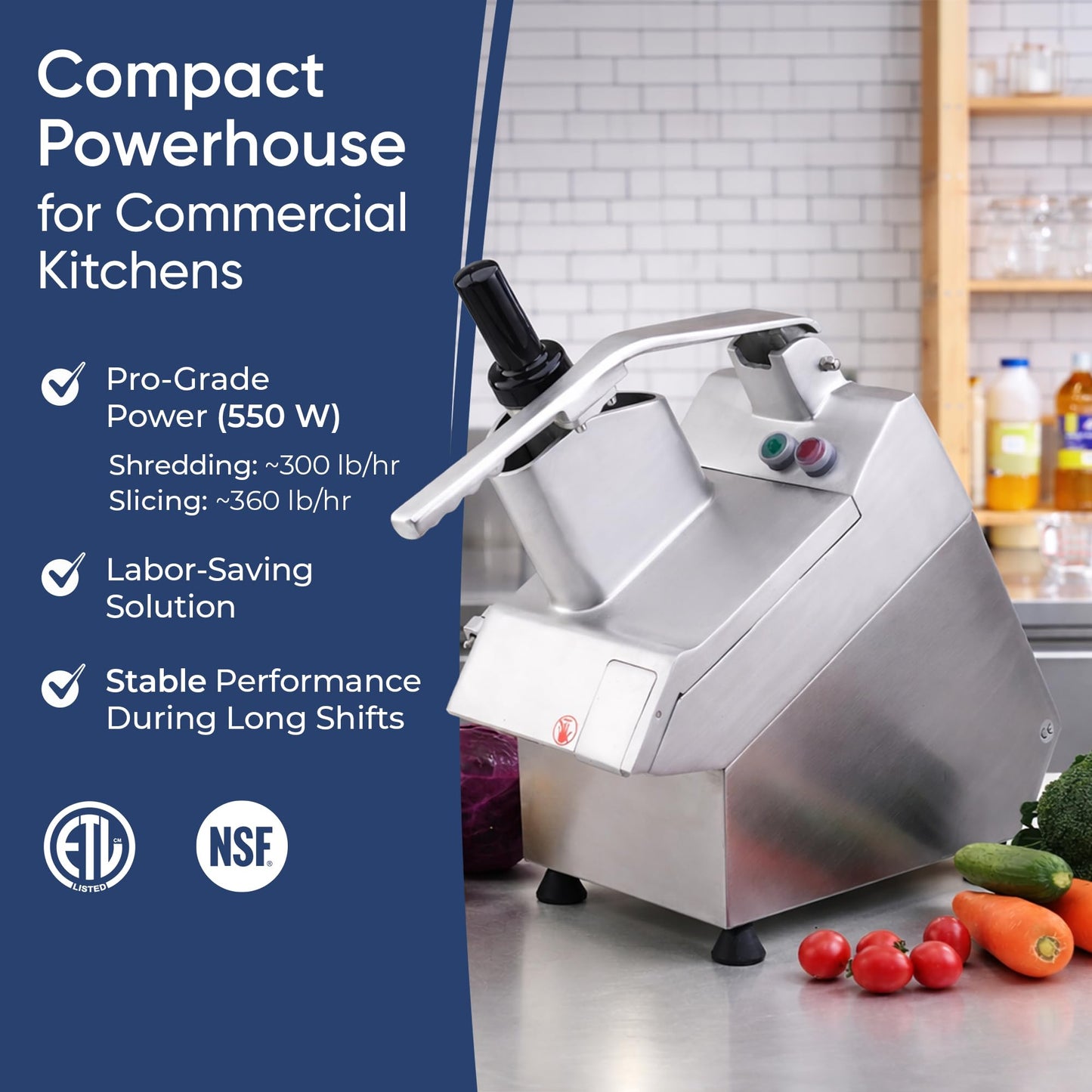 Tartle Kitchen 550W Electric Vegetable Chopper - Commercial Food Processor with Continuous Feed, Dual Feed Openings, 5 Discs for Slicing, Shredding, & Grating - Restaurant-Grade, NSF & ETL Certified