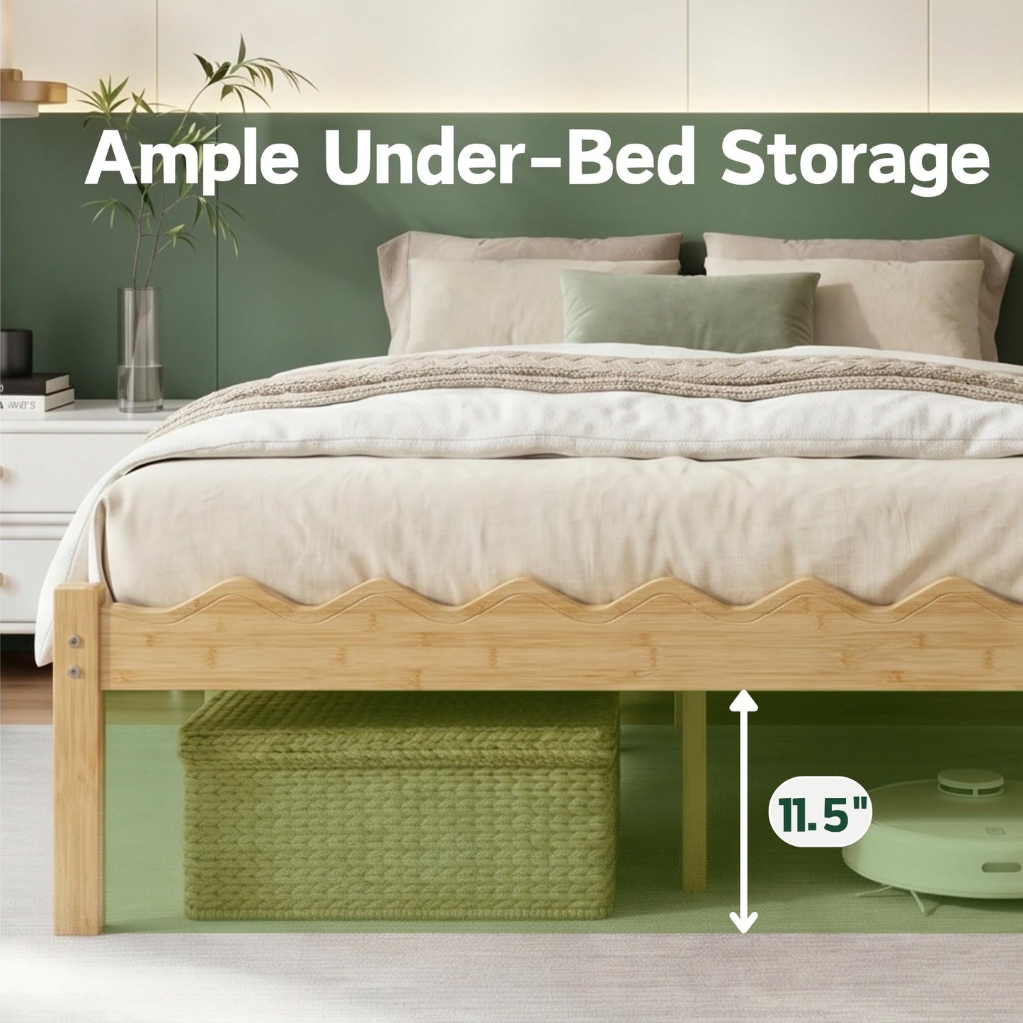 Askeld 14 Inch Solid Wood Queen Size Platform Bed Frame, Heavy Duty Farmhouse Style Bamboo Queen Bed Frame No Box Spring Needed, Noise-Free, Easy Assembly